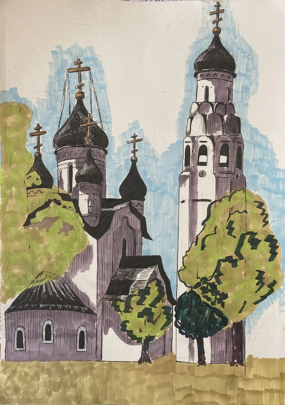 Собор. Пейзаж, бумага, маркеры.