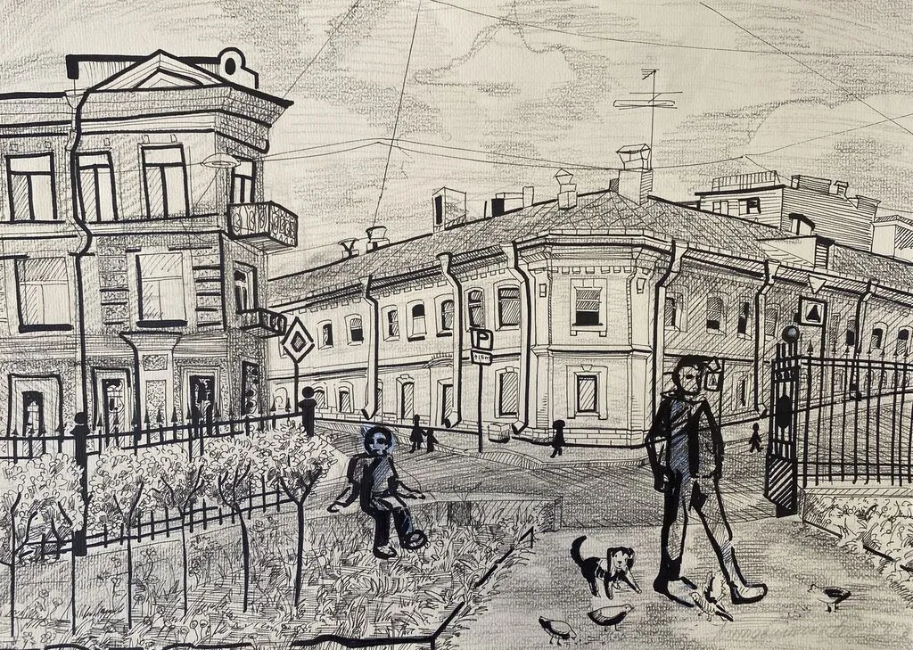 Городской пейзаж. Рисунок на бумаге в смешанной технике.