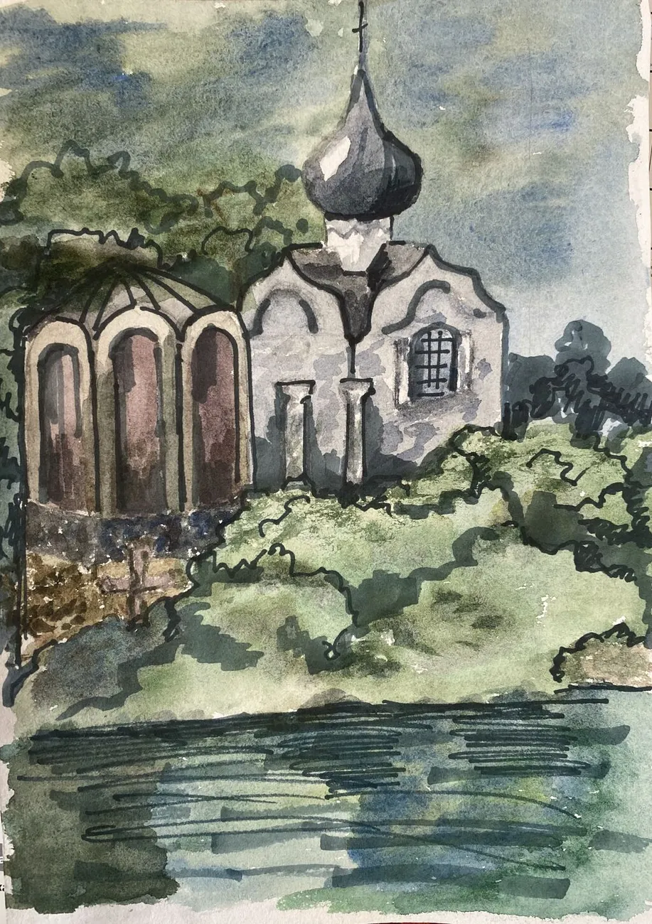 Пейзаж с церковью. Бумага, смешанная техника.