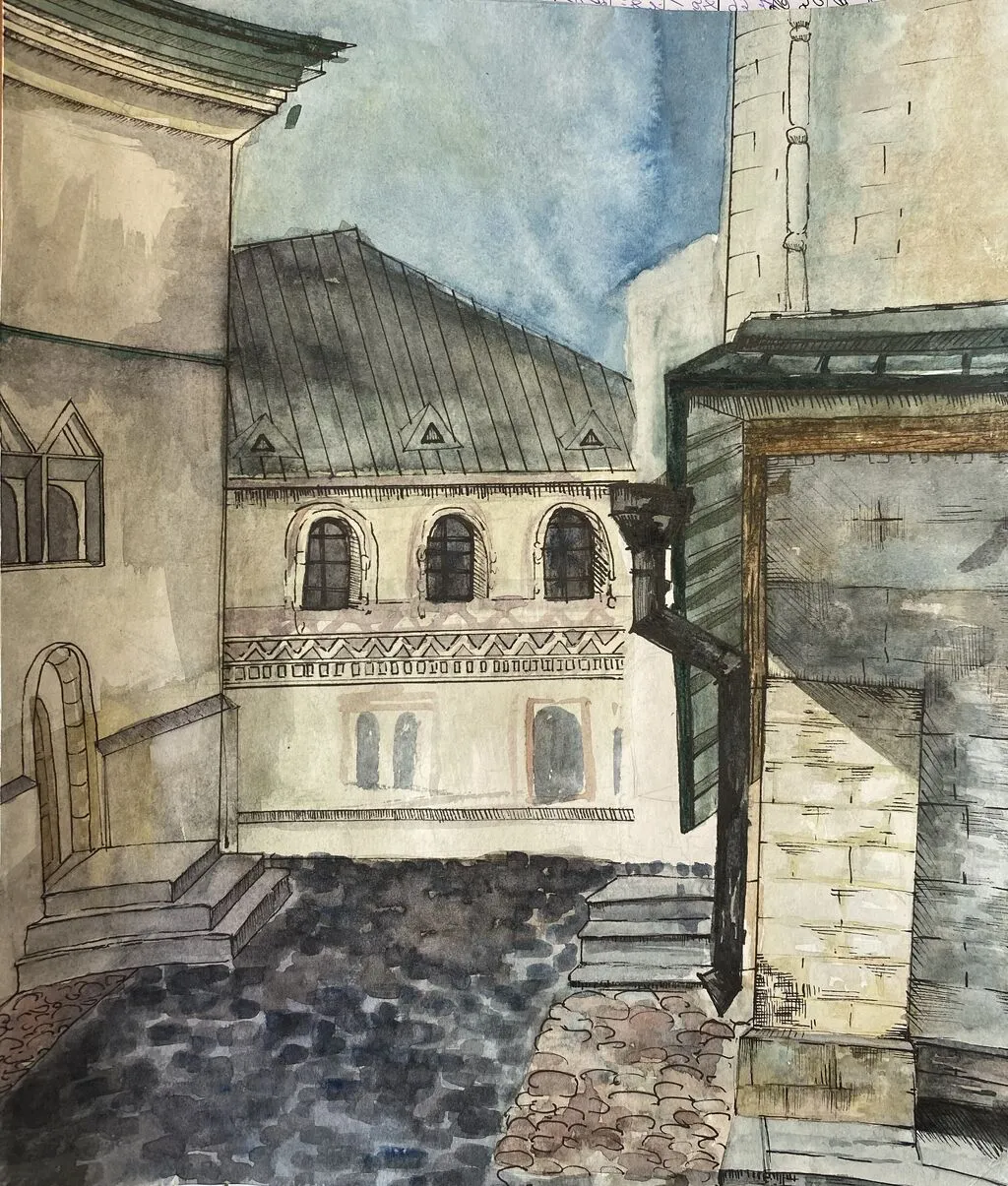 Дворик Фёдоровского собора. Бумага, акварель, гелевая ручка.