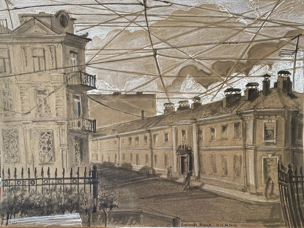 Петербургский пейзаж с проводами. Рисунок на тонированной бумаге в смешанной технике. Автор: Воронова Мария.