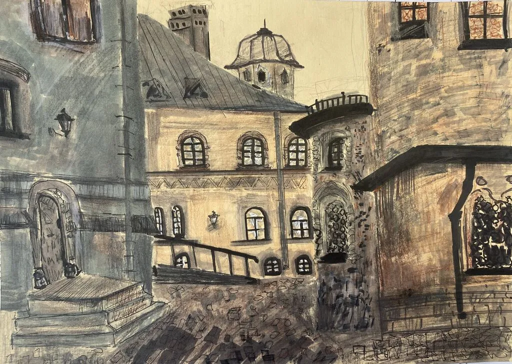 Двор Фёдоровского собора. Рисунок в смешанной технике.