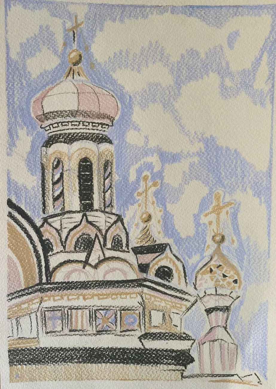 Купола Спаса-на-Крови. Рисунок на тонированной бумаге цветными карандашами.